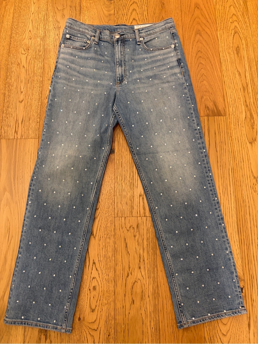 rag & bone Light Blue Straight-Leg Jeans with Pearl Studs